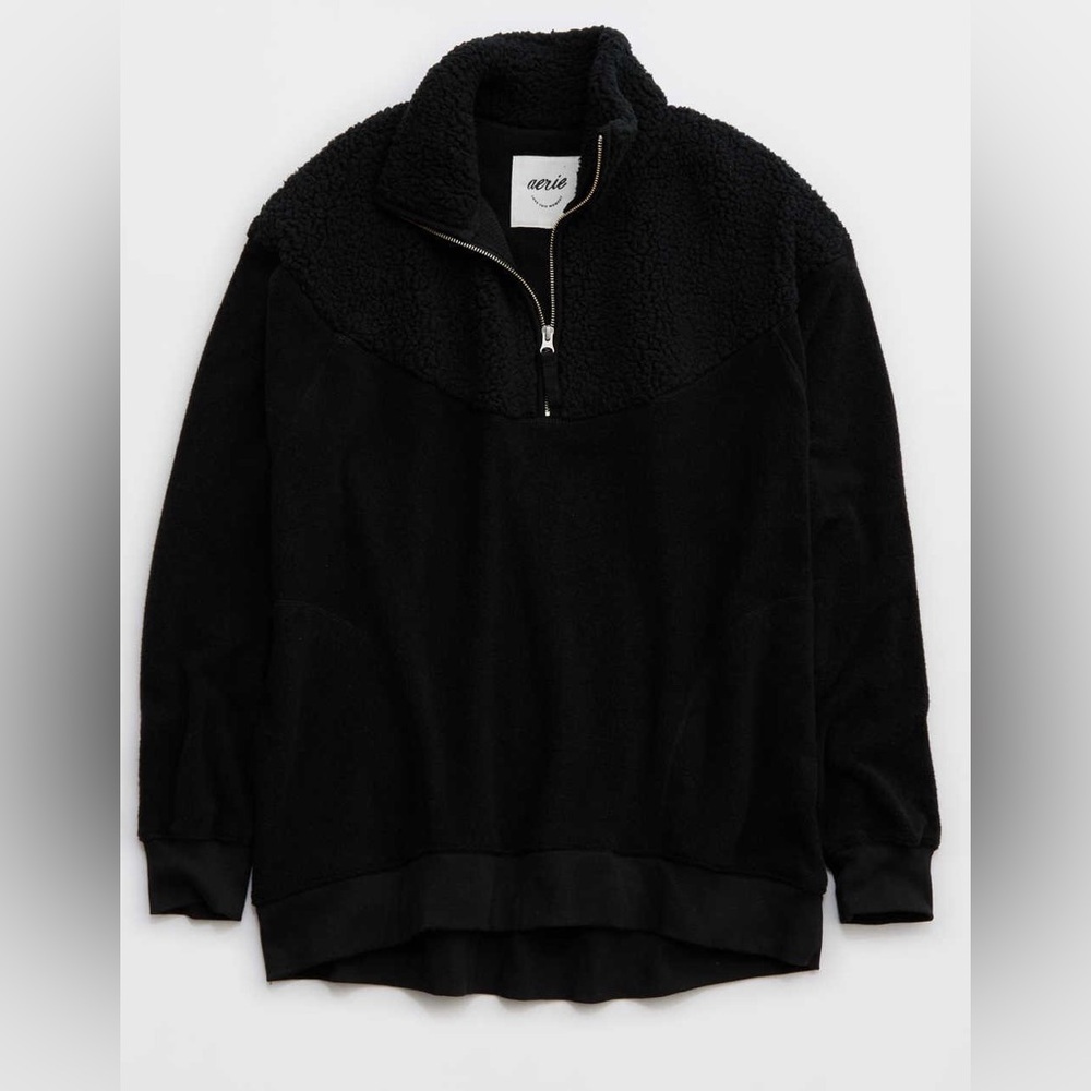 Aerie Women’s Black Quarter Zip Sherpa Sweatshirt, Size Large - Picture 2 of 10